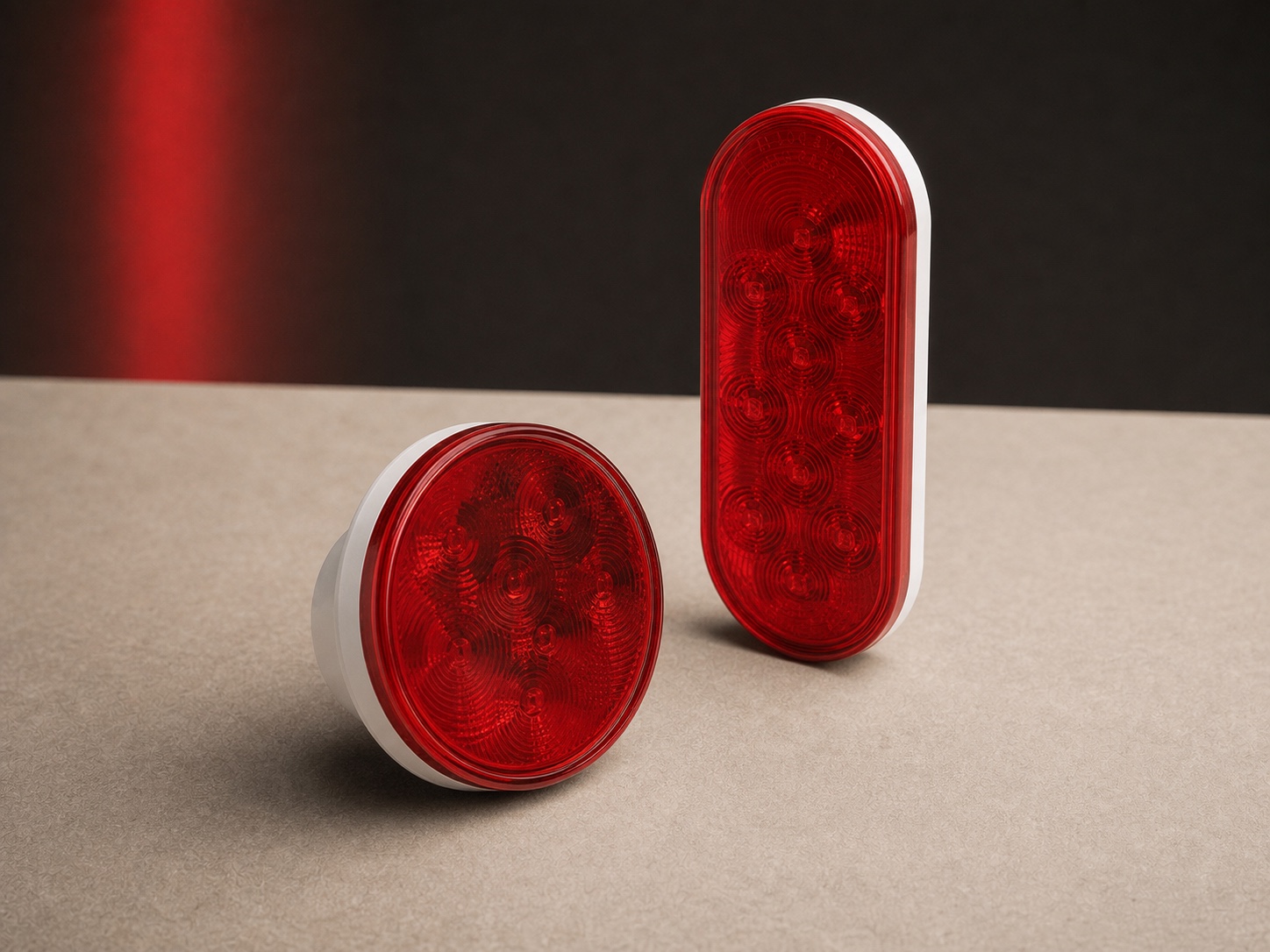 Round and vertical red-lens asset tracking units photographed on a beige studio surface