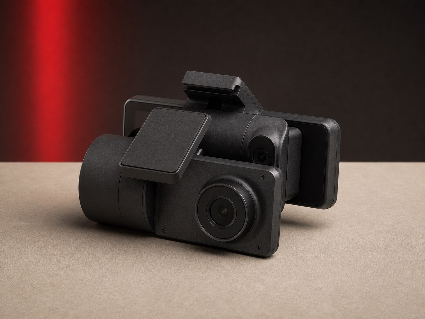 Black dual-facing fleet dash camera system photographed on a beige studio surface